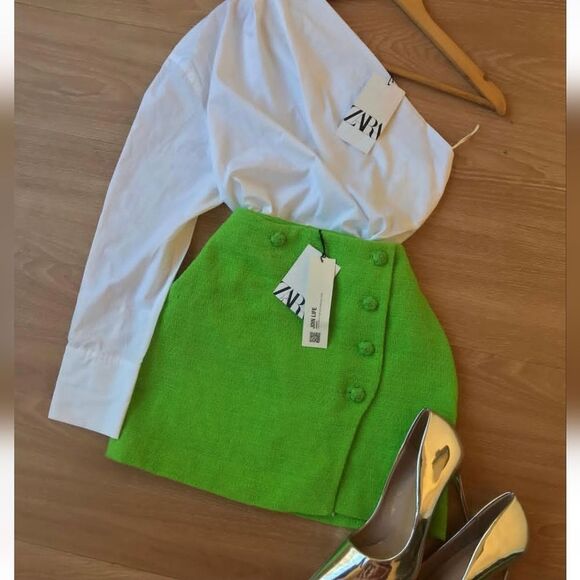 ZARA BLOGGERS FAV TWEED TEXTURED BUTTONS GREEN SKIRT MINI SLIT - Picture 13 of 13